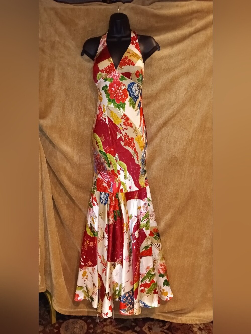 Vintage Amazing Sue Wong Floral Halter Mermaid Evening Dress in Red and Cream
